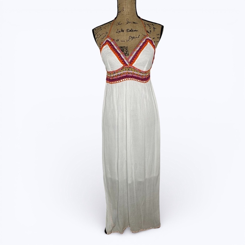 Indigo Rein White‎ Crochet Trim Halter Maxi Dress Boho Festival Beach Size M